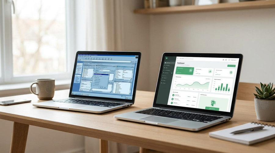 To laptoper side om side som viser gammelt og nytt nettbutikk-grensesnitt, illustrasjon til migrering fra WooCommerce til Shopify