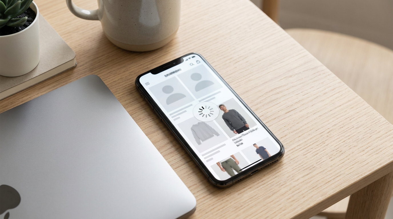 Mobil på skrivebord med nettbutikk som laster med spinner, illustrasjon til artikkel om treg Shopify-butikk