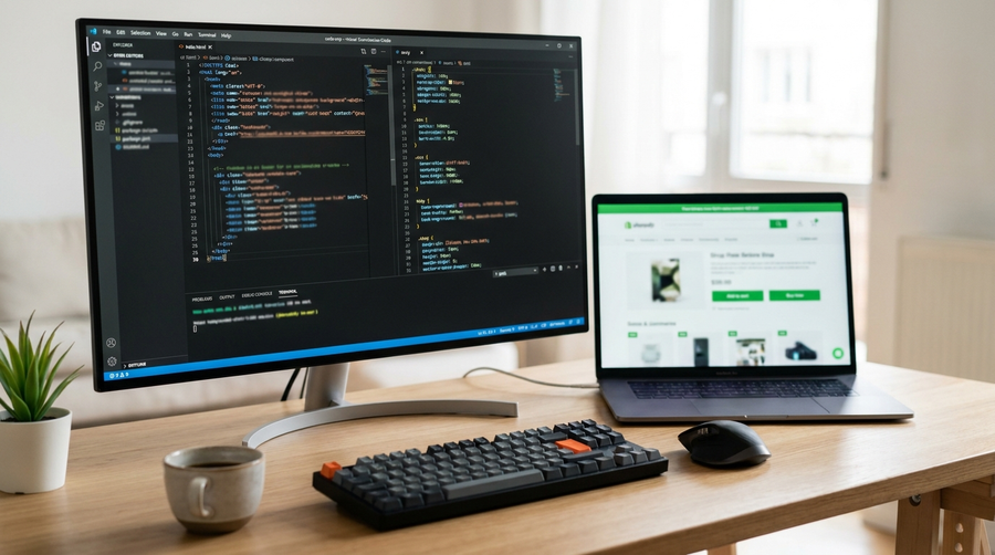 Arbeidsstasjon med kodeeditor og forhåndsvisning av nettbutikk, illustrasjon til artikkel om Shopify-utvikler i Norge