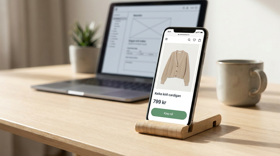 Mobil som viser produktside i nettbutikk med Kjøp nå-knapp, illustrasjon til guide om konverteringsoptimalisering