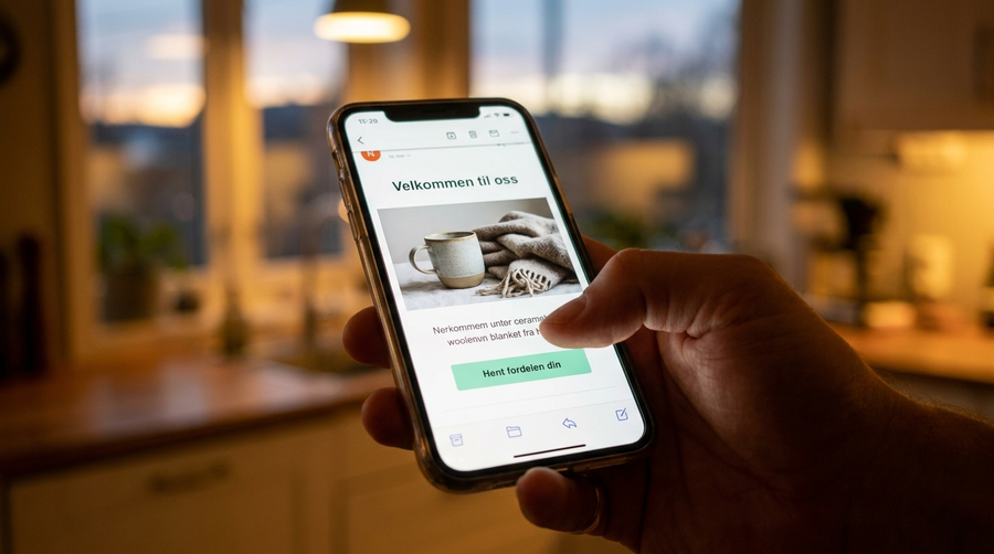 Velkomst-e-post fra nettbutikk åpnet på mobil med tommel over knappen