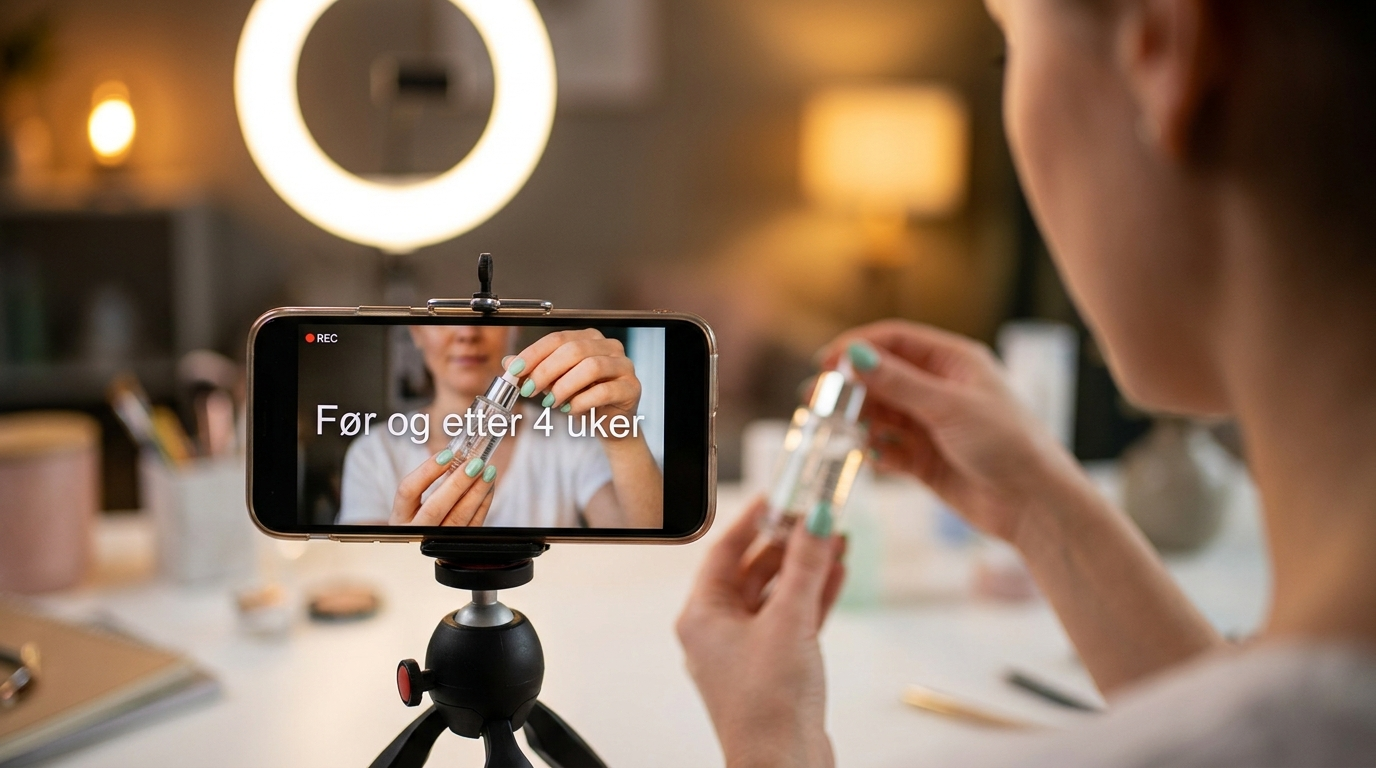 Innholdsskaper filmer UGC-video av produkt med mobil på stativ